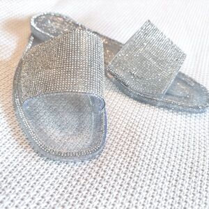 GIANNI BINI Silver Sparkly Bling Rhinestone Jelly Slide Sandals Jellies Shoes